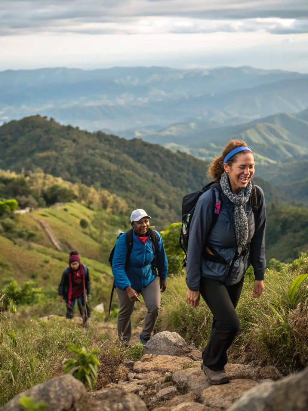 An adventurous image of tourists hiking through the Blue Mountains, showcasing the challenging terrain and stunning vistas.