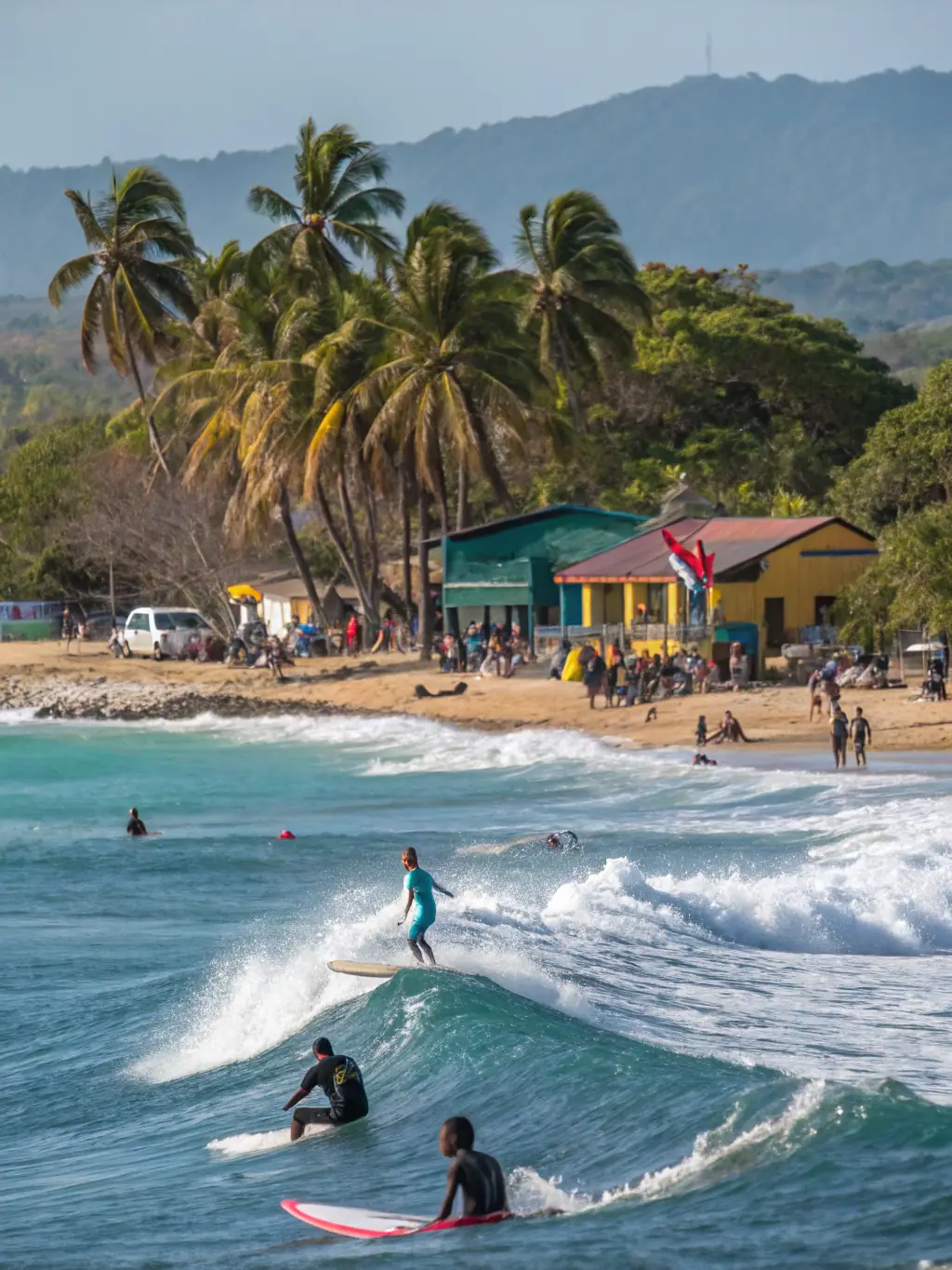 An inviting image of Boston Bay in Portland, Jamaica, famous for its jerk cuisine, with a view of the beach and surfers riding the waves.