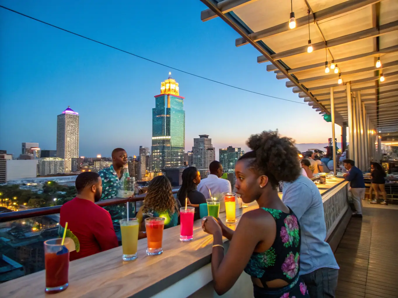 A sophisticated image of a rooftop bar in Jamaica, with people enjoying cocktails and the city skyline in the background.