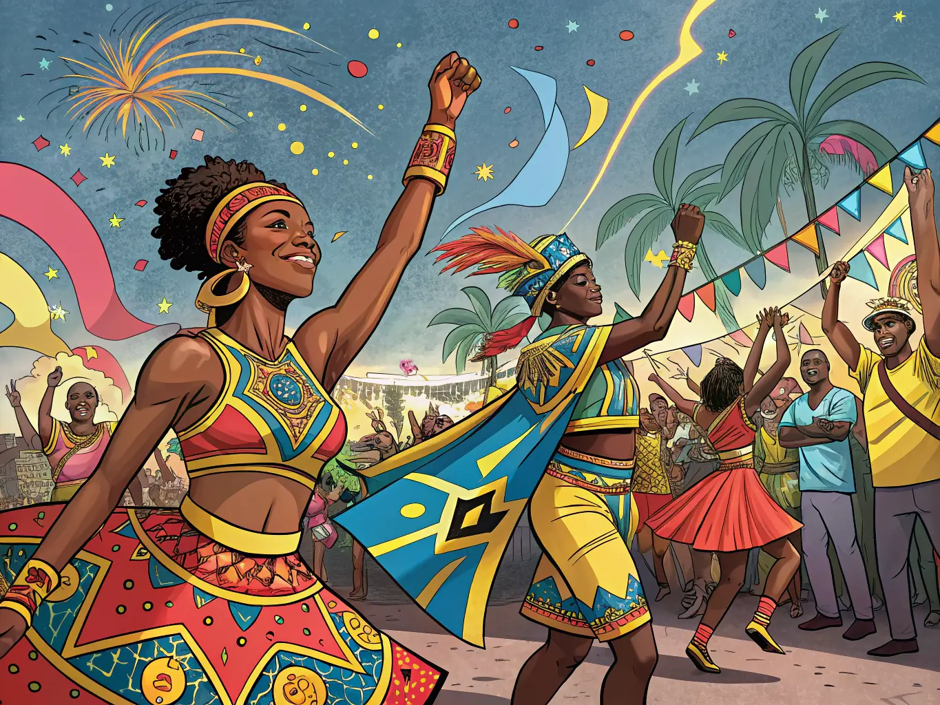 A colorful image of a street party in Jamaica, with people celebrating and enjoying the local culture.