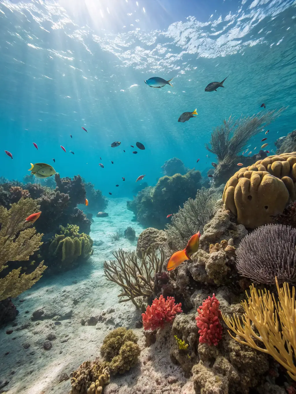 A serene image of tourists snorkeling in crystal-clear Jamaican waters, exploring vibrant coral reefs and marine life.