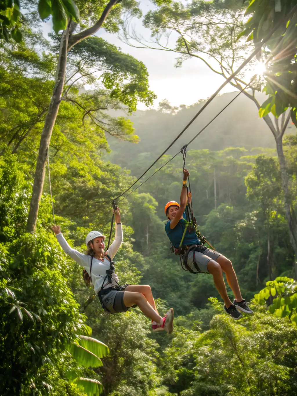 A captivating image of tourists zip-lining through the Jamaican rainforest, showcasing the height and excitement of the activity.