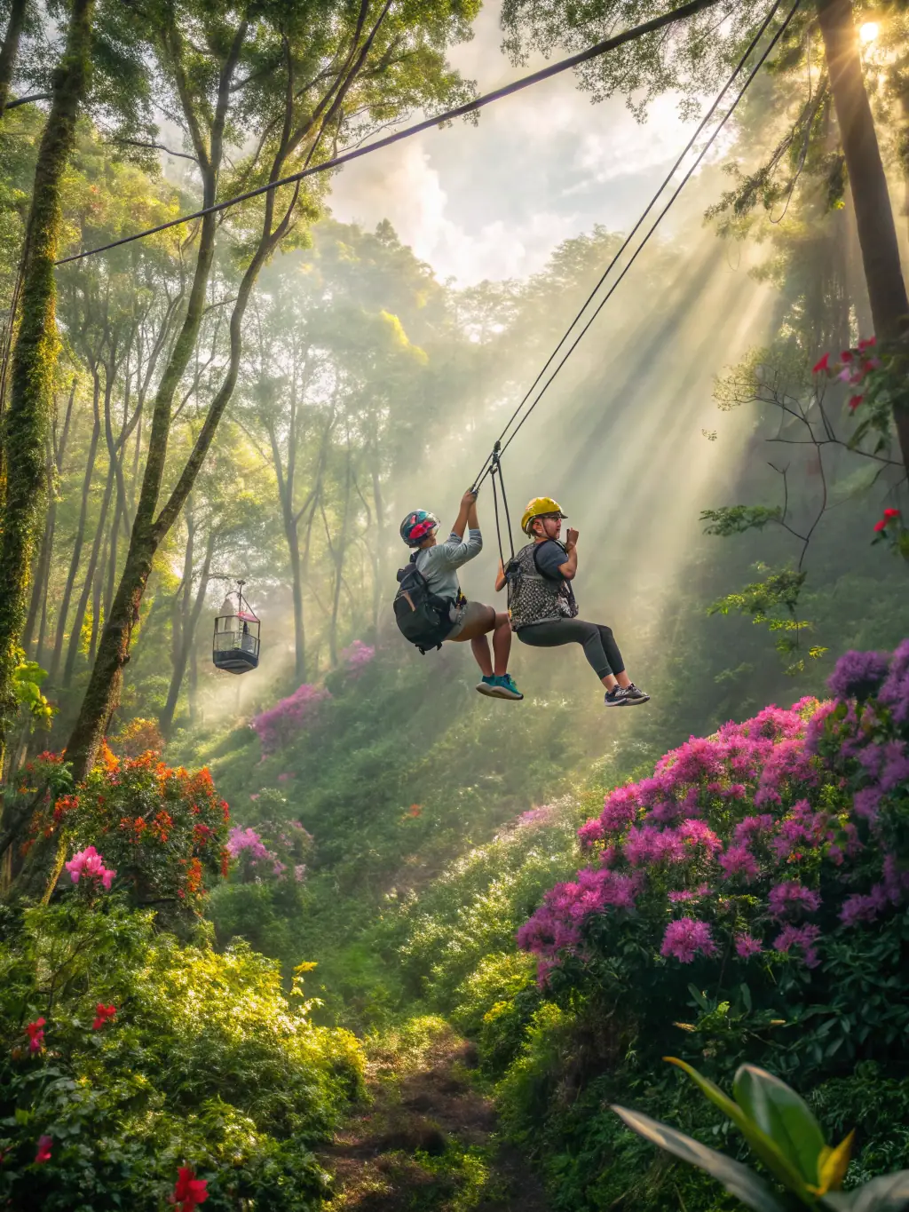 A vibrant image of people zip-lining through the Jamaican rainforest, showcasing the thrill and adventure offered by The Yaadie Xplorer.