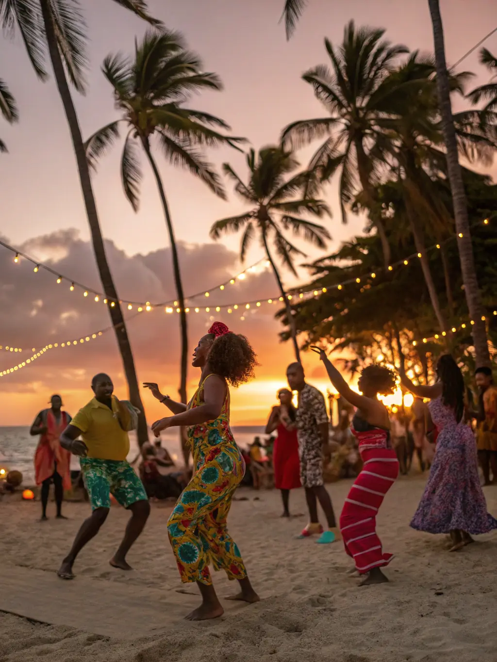 A lively image of a Jamaican beach party at night, with people dancing to reggae music and enjoying the vibrant nightlife.